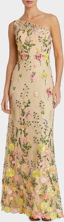 Mac Duggal One-Shoulder Floral Embroidered Gown