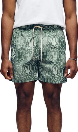 Psycho Bunny Chuck Bunny Print Swim Trunks in Iceberg Green at Nordstrom, Size Small