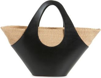 Reformation Siena Leather & Raffia Top Handle Tote in Black Leather Natural Raffia at Nordstrom