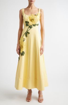 Lela Rose Peony Embroidered Appliqu&eacute; Stretch Sateen Dress in Butter/yellow at Nordstrom, Size 10