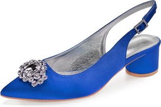 Generic Slingback Wedding Heels Womens Bridal Pointed Toe Chunky Heels Prom Evening Formal Party Pumps Shoes 4.5Cm,Blue,2 UK