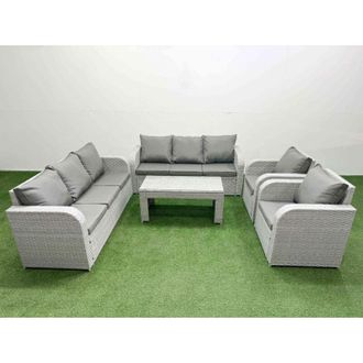 Fimous Pe Rattan High Back Lounge Sofa Set Patio Oblong Coffee Table & Chairs Set with 3 Seater Sofa Reclining Chair Light Grey - Fimous