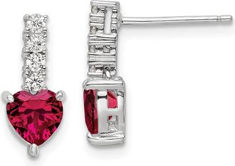 Diamond2Deal Sterling Silver Polish Rhod-plated Created Ruby Heart Dangle Earrings