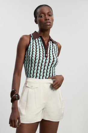 Karen Millen Womens Knit Contrast Collar Pointelle Sleeveless Midi Top - Blue Viscose - Size X-Small