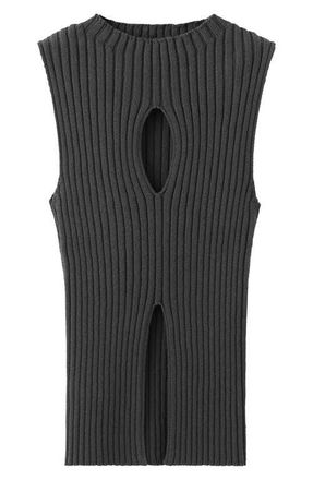 Mango Cutout Sleeveless Cotton Blend Rib Top in Charcoal at Nordstrom, Size Medium