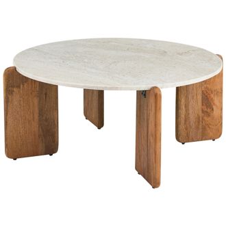 Beliani Mesa De Centro Moderna Tablero De M&aacute;rmol Patas De Madera De Mango Marr&oacute;n Redonda 80 Cm Sala De Estar Beige Claro Luno