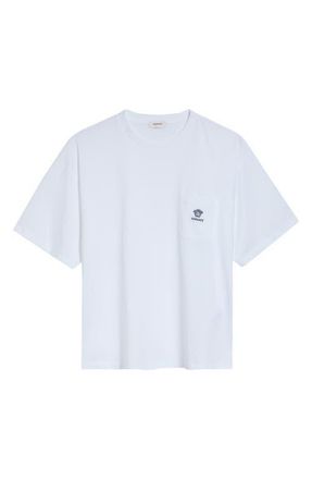 Versace Embroidered Cotton Jersey Pocket T-Shirt in Optical White at Nordstrom, Size Xx-Large