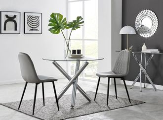 Furniturebox Selina Round Glass Chrome Leg Dining Table & 2 Corona Black Leg Chairs in Grey | Size: 2 Person