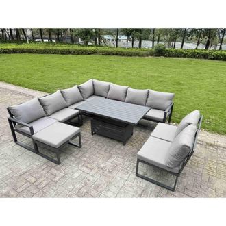 Fimous ALuminum 9 Piece Patio Set with Lifting Table, Cushions & Footstool in Dark Grey