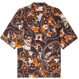 Sandro Loose-fit print shark collar shirt in Black Brown at Nordstrom, Size Xx-Large