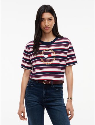 Tommy Hilfiger Womens Tommy Jeans NYC Logo Striped T-Shirt - Dark Blue / Multi - XS