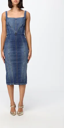 Elisabetta Franchi Abito midi a tubino in denim di cotone con scollatura quadrata
