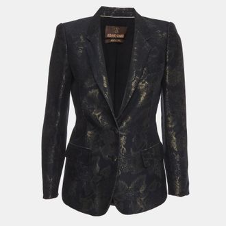 Roberto Cavalli Navy Blue Jacquard Fitted Blazer