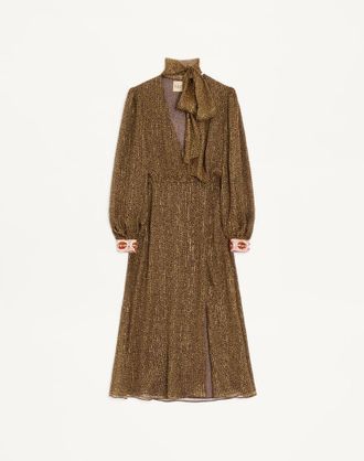 Valentino Creponne Lam&eacute; Dress With Embroidered Fauve Eclat Print Wo