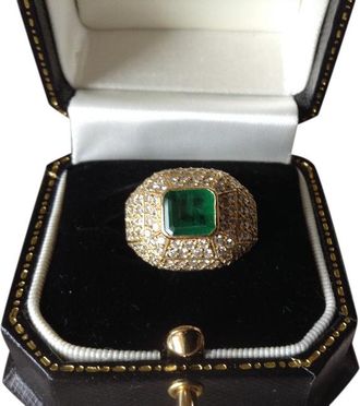 Bespoke 18ct Yellow Gold Pave Diamond & Emerald Bombe Ring