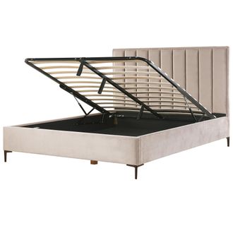Beliani Cama Con Almacenaje Cabecero Acolchado Patas Negras Metal Terciopelo Gris Pardo 180 X 200 Cm Sezanne