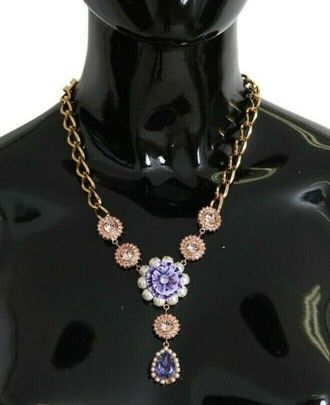 Dolce & Gabbana Floral Crystal Pearl Pendant Necklace - Gold