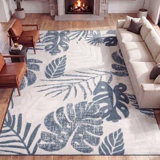 Jonathan Y Designs Monstera Tropical Leaf High-Low Indoor/Outdoor Rug in Cream/dark Blue at Nordstrom, Size 3Ft 0In X 5Ft 0In