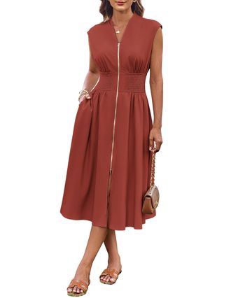 Grace Karin 2025 Summer Casual Dress Front Zipper Smocked Dress with Pockets Red 2XL