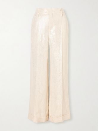 Brunello Cucinelli Pantaloni A Gamba Larga In Lino Metallizzato - Bianco