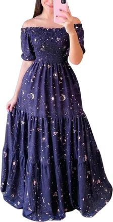 Generic Womens Shoulder Dresses,Elegant Tie Dye Print Smocked, Sexy Short Sleeve Long Dress, Plus Size Flowy Maxi Dress (Star and Moon,XXL)