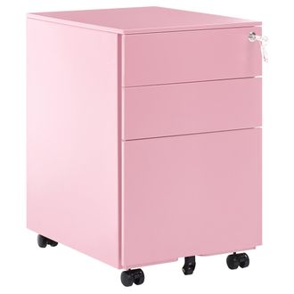 Beliani Armario De Metal Rosa 3 Cajones Ruedas Cerradura Industrial Oficina Cami