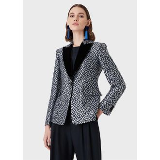 Emporio Armani Womens Emporio Armani Collared Regular Fit Blazer Jacket in Blk/Wht Mlti - Black - Size 6 UK