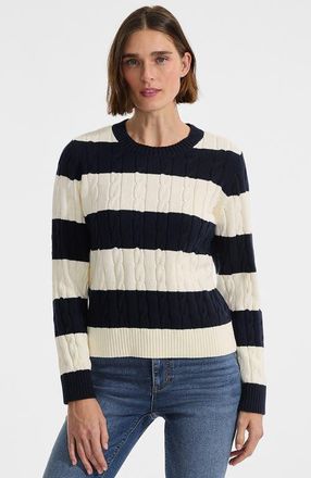 Lands End Cotton Cable Drifter Crewneck Sweater in Navy/ivory Rugby Stripe at Nordstrom, Size X-Small P