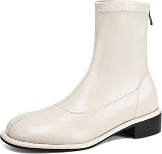 Generic Womens PU Leather Sock Ankle Boots Round Toe Low Block Heels Side Zipper Comfortable Non-Slip Wear-Resistant for Daily Commute Casual,White,6.5 UK