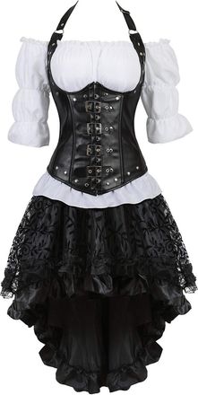 Grebrafan Steampunk Leather Corsets Bustiers Skirt Blouse Set 3 Piece Underbust Corset Outfits for Women (UK(14-16) 2XL, Black)