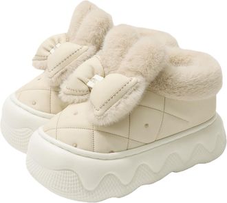 Generic Womens Winter Slippers,Platform Height-Increasing Slippers, Winter Warm Bow-Tie Home & Outdoor Slippers (Beige, Shoe Size, Adult, Women, 4, Numeric Ra