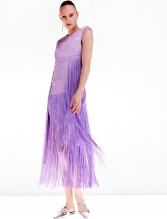 Karen Millen Tall Ooto Heavy Satin Fringed Woven Sleeveless Mini Dress