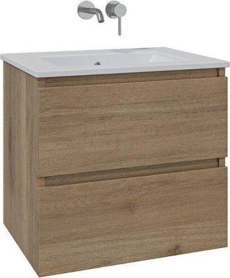 Saniclass Chaci Badkamermeubelset - 60x46x55cm - keramische wastafel wit - 1 wasbak - zonder kraangat - 2 lades - eiken