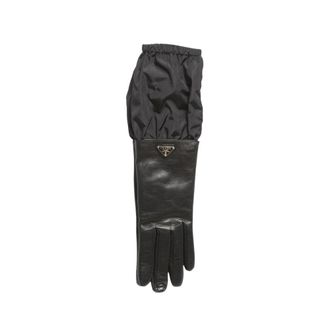 Prada Accessoires, Dames, Zwart, ONE Size, Nylon, Leren Handschoenen Lange Nylon Manchet