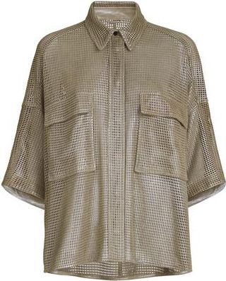 Brunello Cucinelli Sparkling leather net shirt in Khaki at Nordstrom, Size 46 It