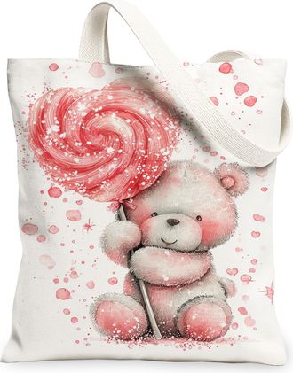 Generic Cute Bear Canvas Tote Bags, Adorable Animal Design Lightweight Washable Grocery Bags, Sweet Vintage Style Reusable Shoulder, White, 13x15 Inch