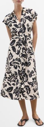 Mango Floral Crinkle Tie Belt Shirtdress in Off White at Nordstrom, Size 18