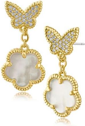 Kenneth Jay Lane Cubic Zirconia Pav&eacute; Butterfly Clover Drop Earrings in Mother Of Pearl/gold at Nordstrom Rack