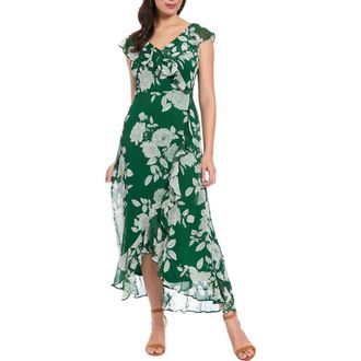 London Times Ruffle Trim High/Low Maxi Dress in Dark Green/White at Nordstrom Rack, Size 14P