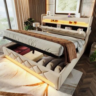 Matteo Beige Linen King Upholstered Bed with LED, USB & Hydraulic Storage