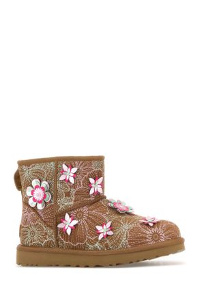 UGG Womens Embroidered Suede Classic Mini Meadow Ankle Boots Chestnut Stivali