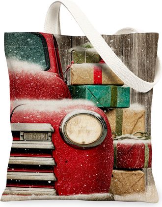 Generic Vintage Red Truck Canvas Tote Bags, Rustic Holiday Pattern Reusable Grocery Bags, Winter Lightweight Washable Shoulder Stra, Red, 13x15 Inch