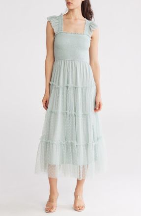 Blu Pepper Mesh Smocked Tiered Midi Dress in Sage at Nordstrom Rack, Size Medium