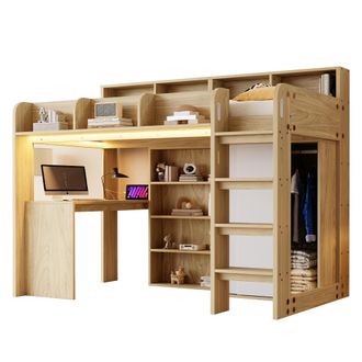 STILVORA Cama Alta Individual Con Escritorio, Armario, Almacenaje, Led Y Enchufe, 90 X 200 Cm, Sin Colchon