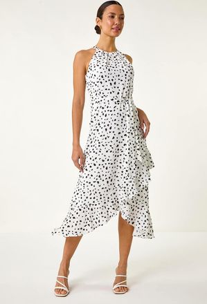 Roman Spot Stretch Frill Hem Halter Dress