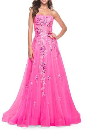 La Femme Strapless Tulle A-Line Dress with Sequin Floral Applique in Neon Pink at Nordstrom, Size 14