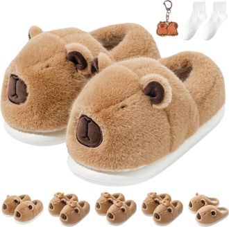 Generic Capybara Slippers, Plush 3D Cartoon Capibara Shoes, Warm Fluffy Soft Anti-Slip Cute Design Comfortable for Women Men (B, UK, Adult, Women, 3.5, Numeri