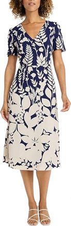 Maggy London Short Sleeve Leaf Print A-Line Dress In Navy Cream