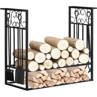HOMCOM Estante Para Le&ntilde;a De Chimenea 75x30x60 Cm Soporte Para Le&ntilde;a Tradicional Portale&ntilde;a De Dise&ntilde;o Vintage Con 4 Herramientas Base Elevada Carga M&aacute;x. 100 Kg