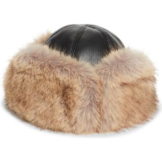 Stand Studio Sable Faux Leather & Faux Fur Trapper Hat in Black/Natural at Nordstrom
